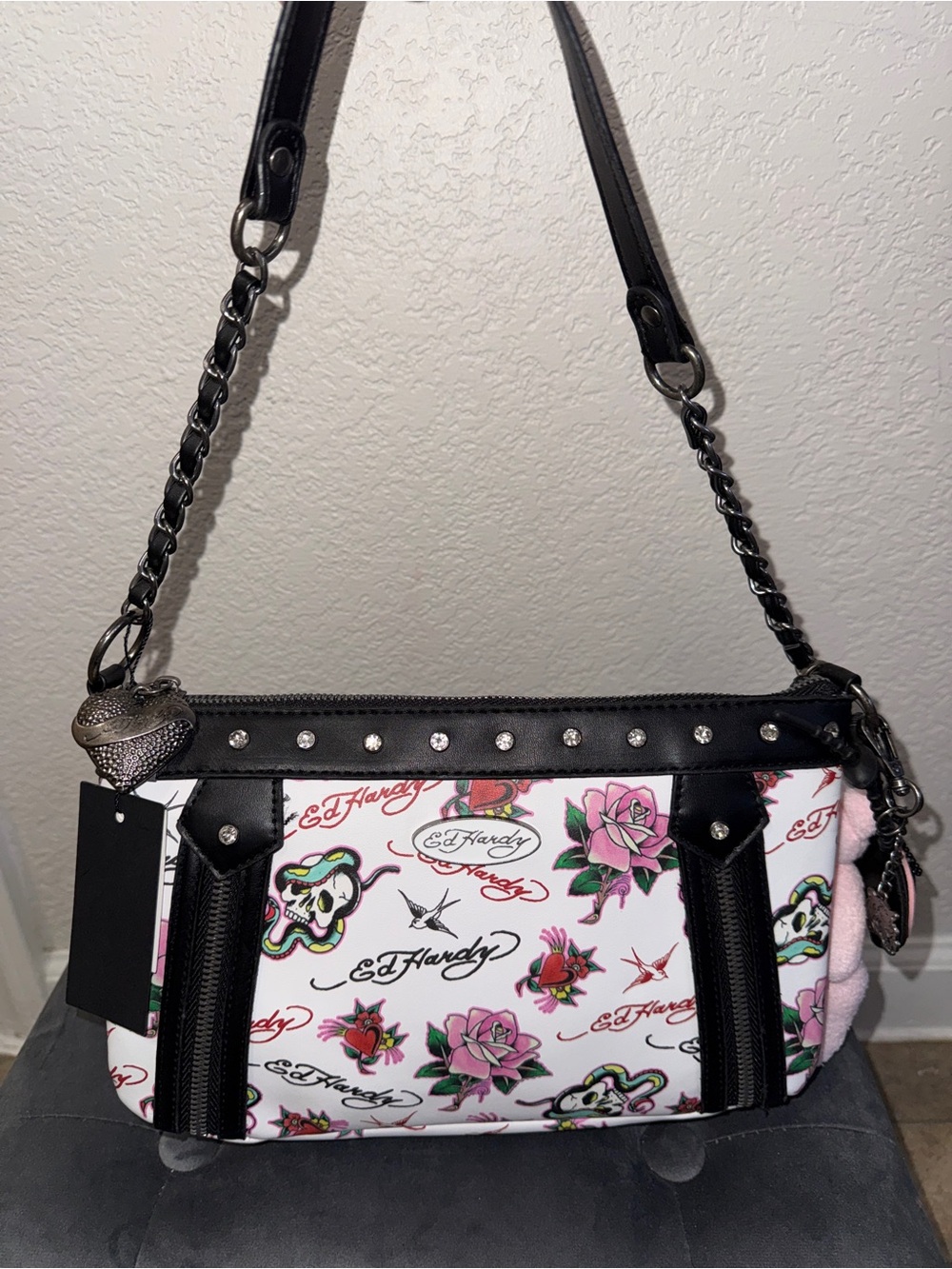 Ed Hardy White and Pink Floral Tattoo-Print Shoulder Bag with Black Trim
